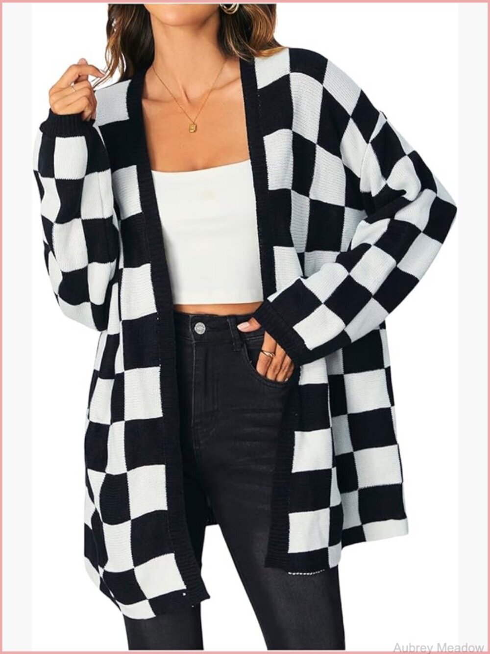 Checkered Plaid Oversized Cardigan Open Front Long Sleeve Soft Lightweight